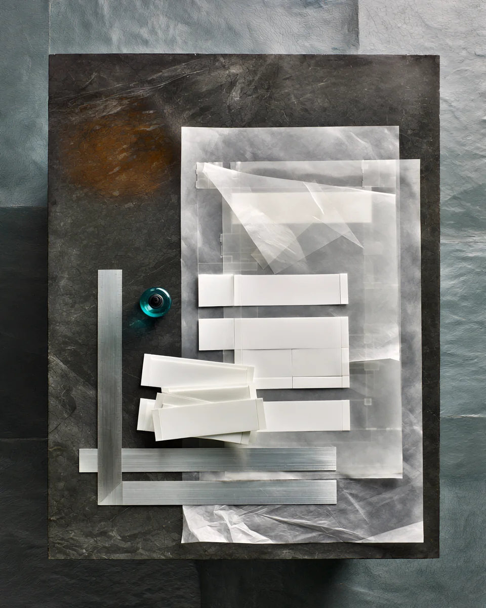 Composición editorial de materiales, tarjetas y herramientas sobre una mesa de trabajo.