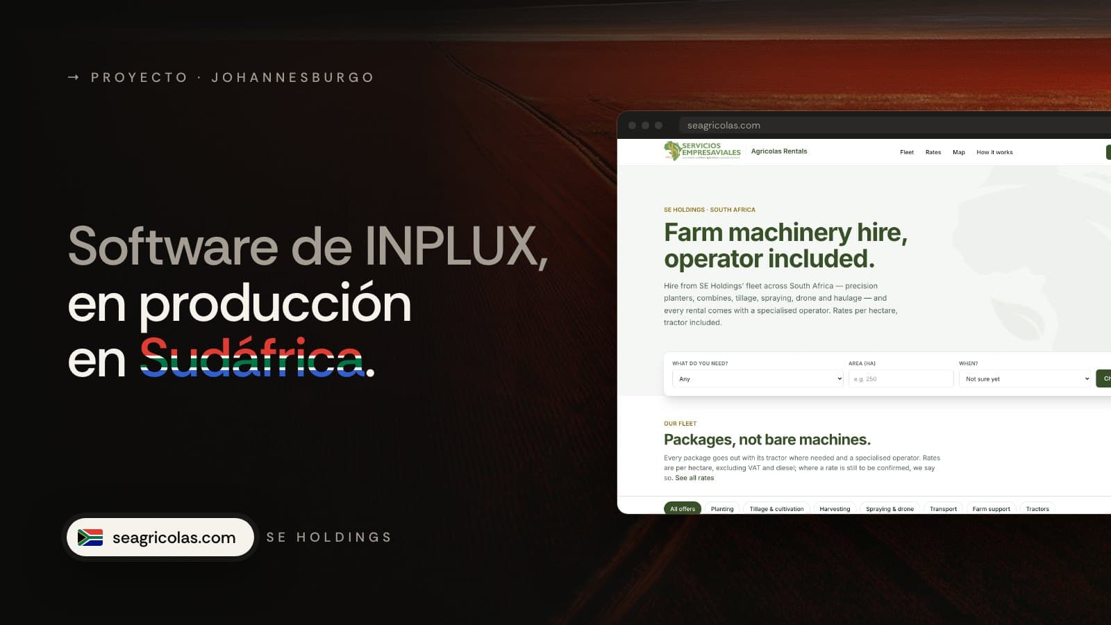 Portada de la nota: «Software de INPLUX, en producción en Sudáfrica» junto a la página de inicio de seagricolas.com, sobre un campo de tierra roja.