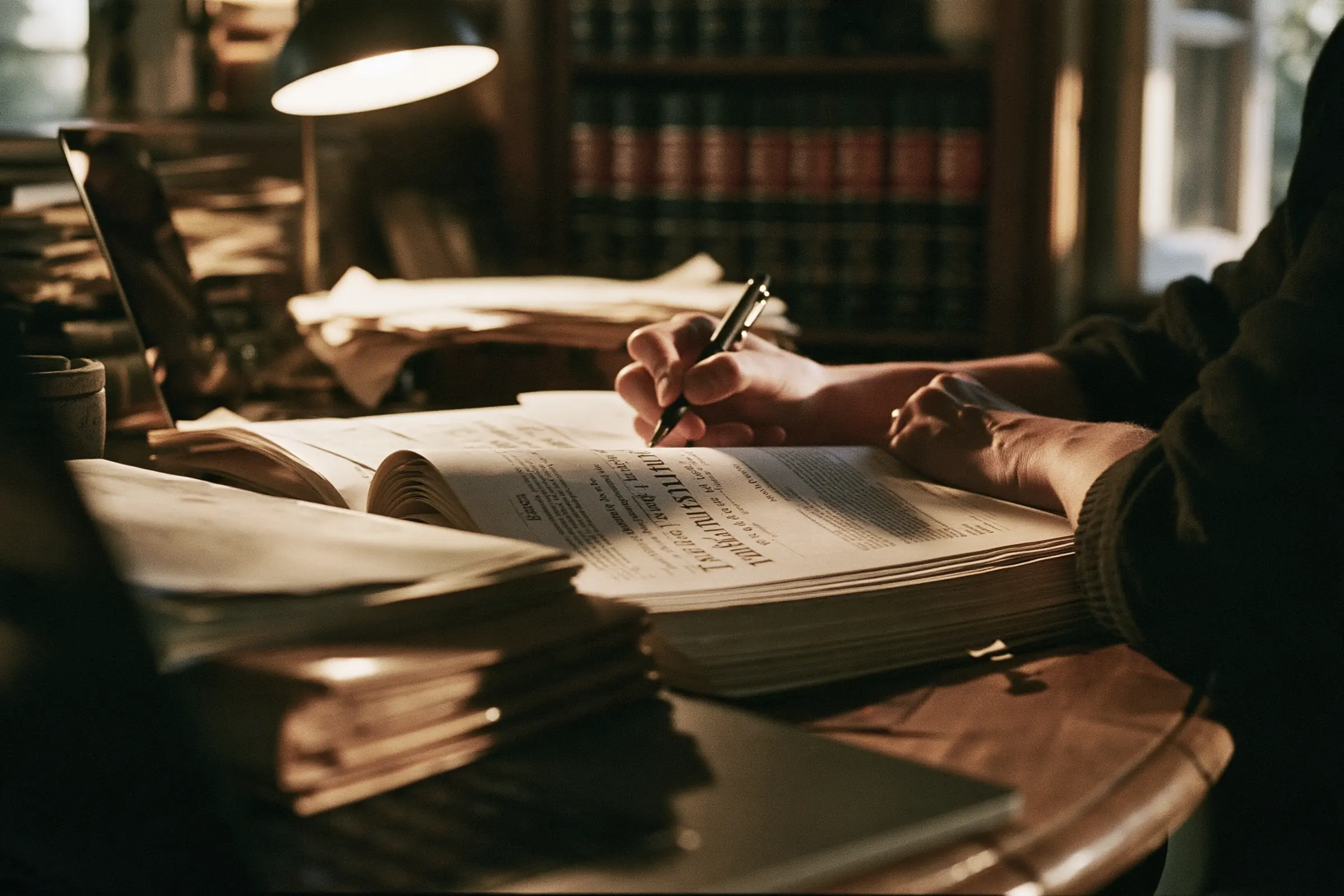 Hands annotate a printed statute with a pen on a wooden desk, with case files and codes in the background.