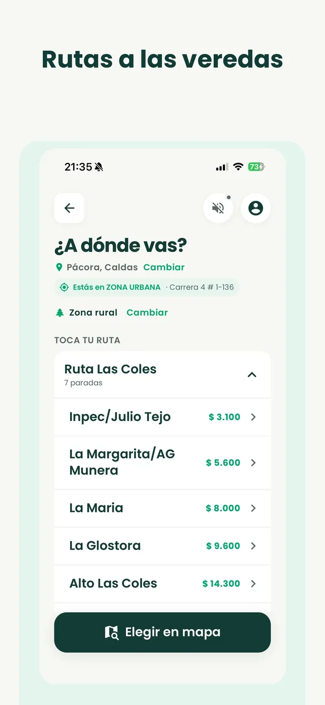 Routes to the rural villages, with their stops and the price of each one.