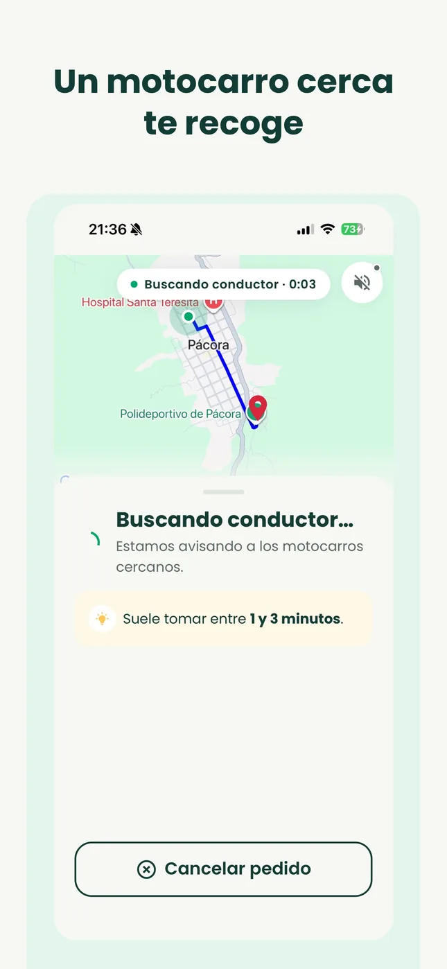 Looking for a driver: the app notifies nearby motocarro drivers.