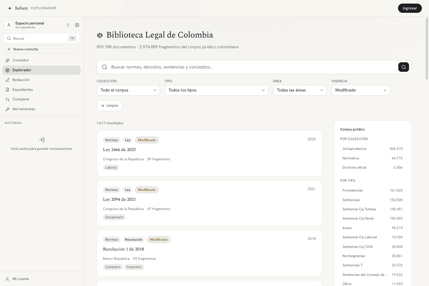 Captura real de la Biblioteca Legal pública de Kelsen con resultados del corpus jurídico.