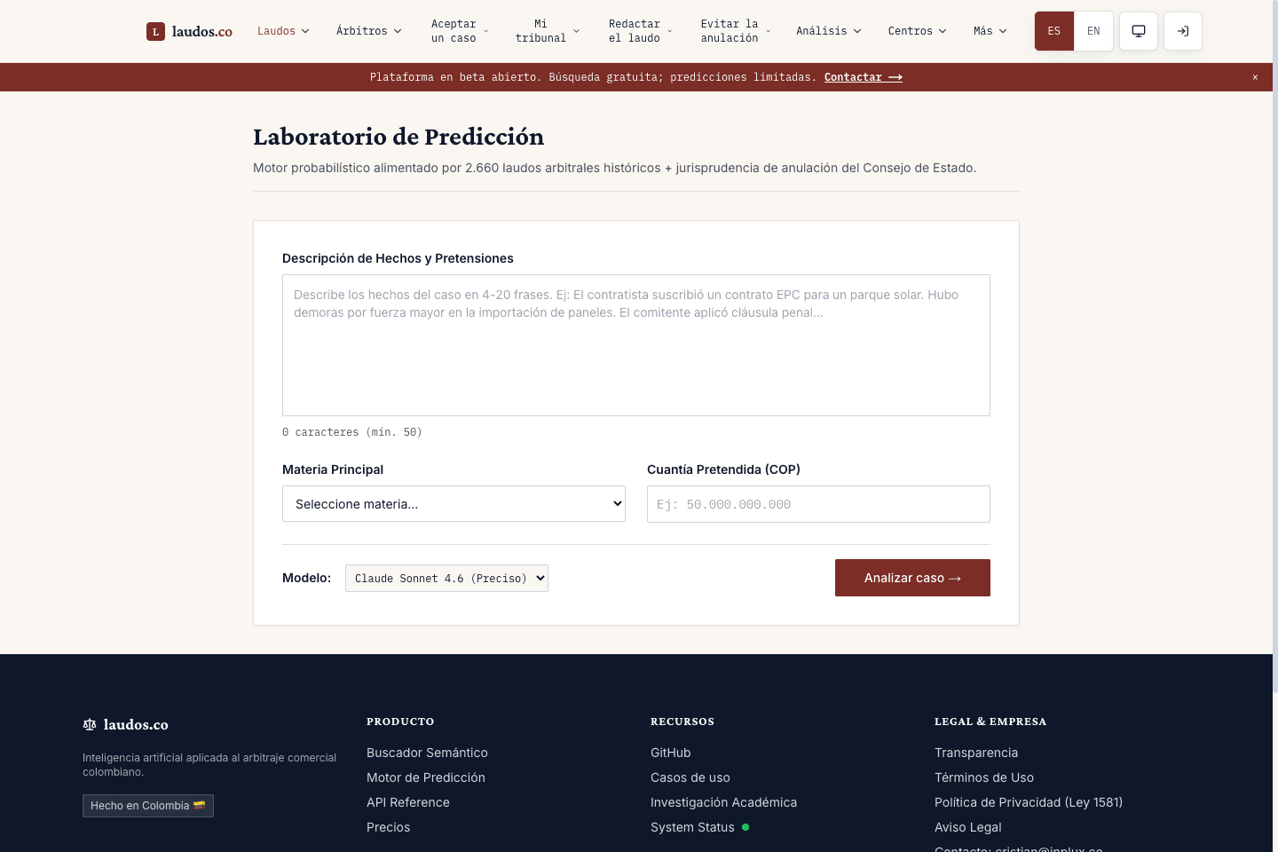 Captura real del Laboratorio de Predicción público de Laudos.
