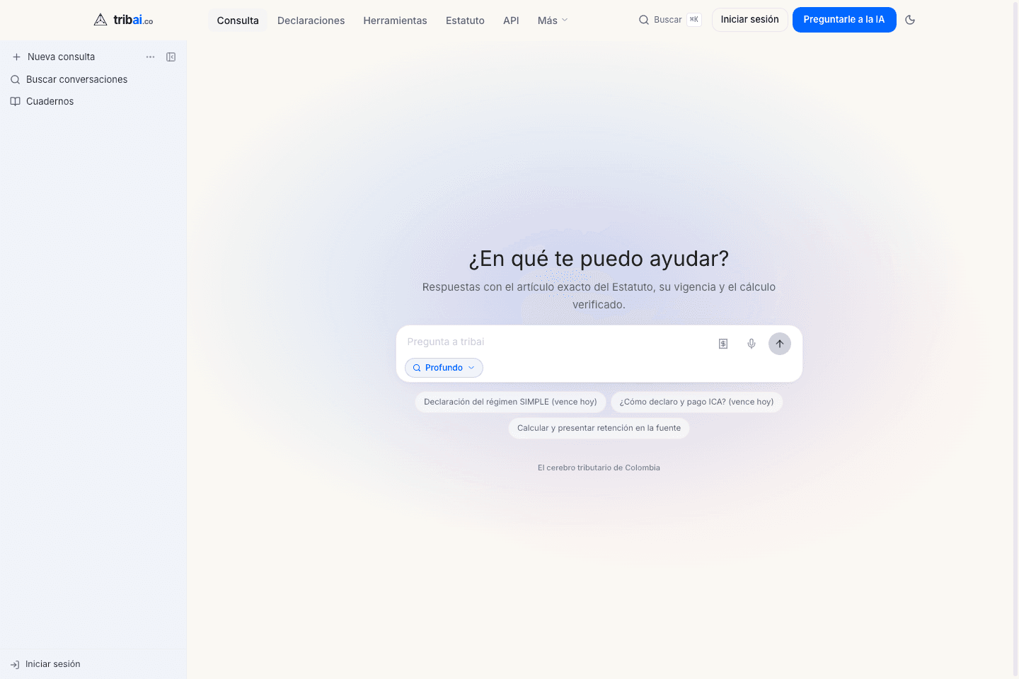 Captura real del Asistente Tributario público de Tribai.